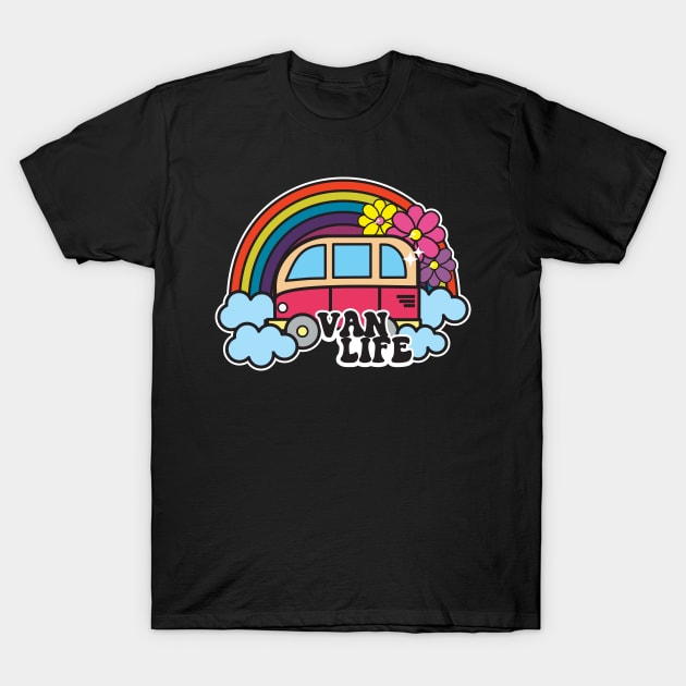 Van Life Cute Retro Cartoon Rainbow Happy Hippy Style Funny T-Shirt by markz66